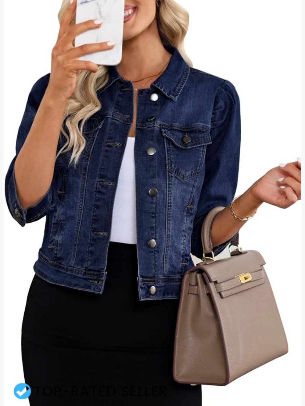 Cropped Denim Jacket Women Stretchy Puff Sleeve Distressed Shacket Pockets